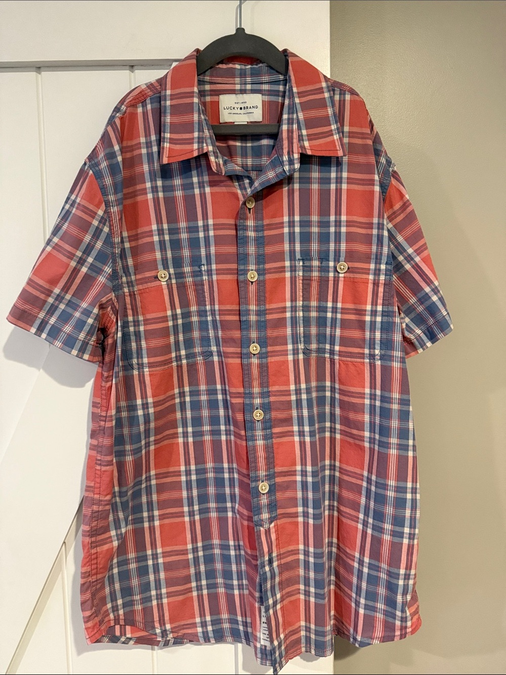 Lucky Brand Red and Blue Plaid Short Sleeve Button-Down Shirt